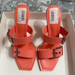 Alexander McQueen Buckle Mule Heels | Coral Leather Sandals | Size 40 | NIB